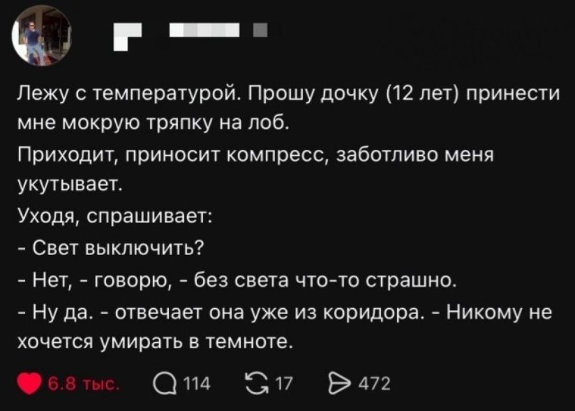 Лежу с температурой. Прошу дочку (12 лет) принести мне мокрую тряпку на лоб. Приходит, приносит компресс, заботливо меня укутывает. Уходя, спрашивает: - Свет выключить? - Нет, - говорю, - без света что-то страшно. - Ну да. - отвечает она уже из коридора. - Никому не хочется умирать в темноте.