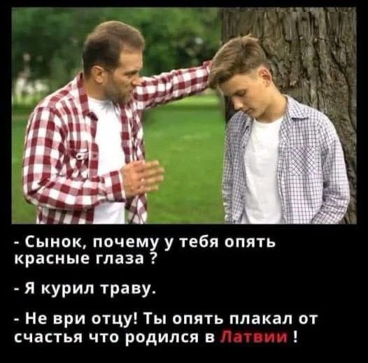 Сынок, почему у тебя опять красные глаза? Я курил траву. Не ври отцу! Ты опять плакал от счастья что родился в Латвии!