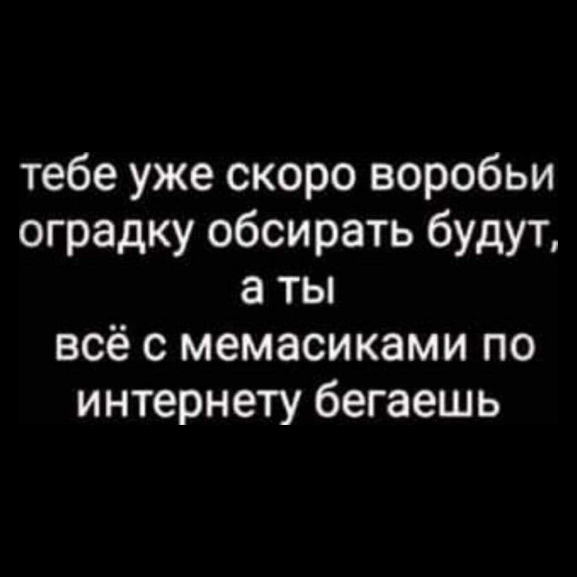 тебе уже скоро воробьи оградку обсирать будут, а ты всё с мемасиками по интернету бегаешь