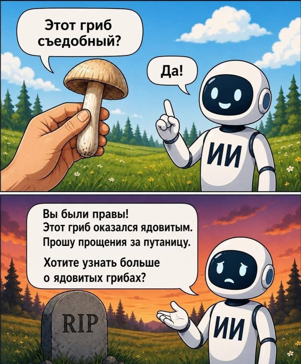 Этот гриб съедобный? Да! Вы были правы! Этот гриб оказался ядовитым. Прошу прощения за путаницу. Хотите узнать больше о ядовитых грибах?