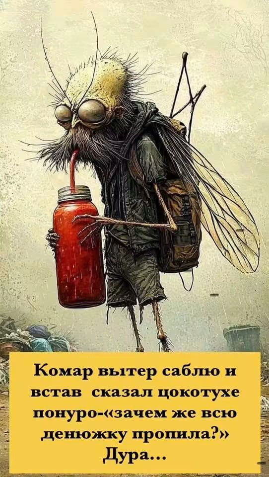 Комар вытер саблю и встав сказал цокотухе понуро-«зачем же всю денюжку пропила?» Дура...