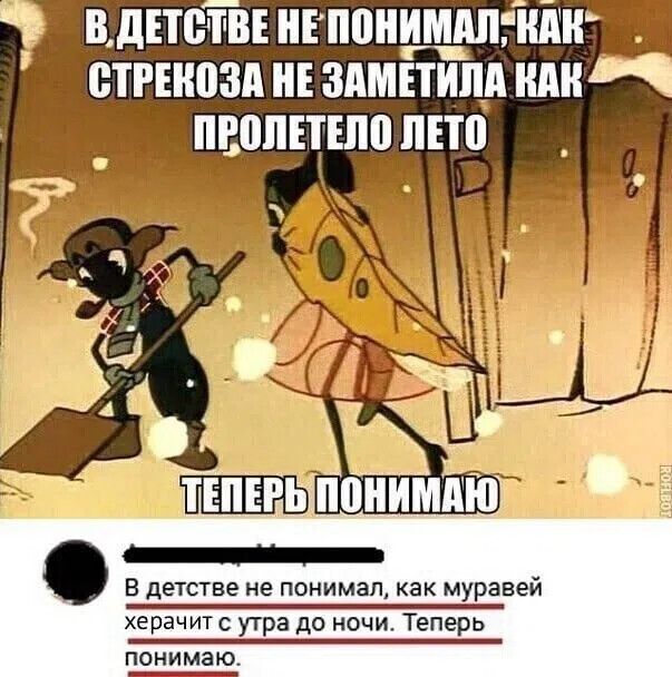 В ДЕТСТВЕ НЕ ПОНИМАЛ, КАК СТРЕКОЗА НЕ ЗАМЕТИЛА КАК ПРОЛЕТЕЛО ЛЕТО ТЕПЕРЬ ПОНИМАЮ В детстве не понимал, как муравей херачит с утра до ночи. Теперь понимаю.