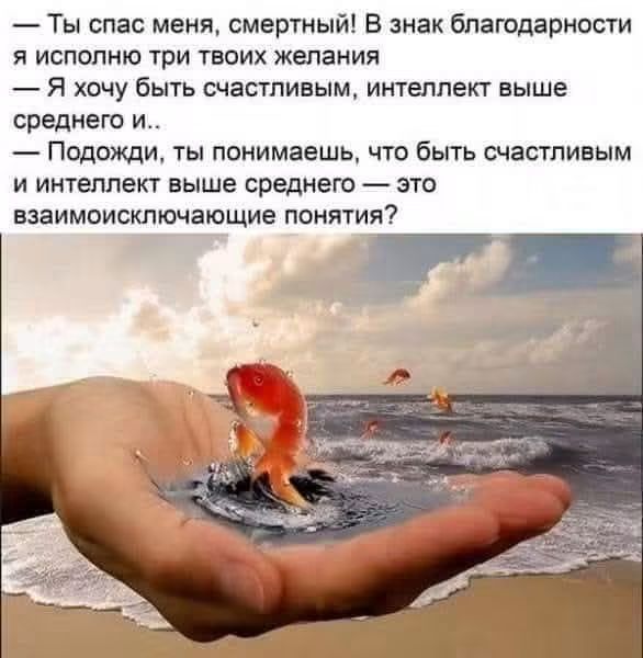 — Ты спас меня, смертный! В знак благодарности я исполню три твоих желания — Я хочу быть счастливым, интеллект выше среднего и.. — Подожди, ты понимаешь, что быть счастливым и интеллект выше среднего — это взаимоисключающие понятия?