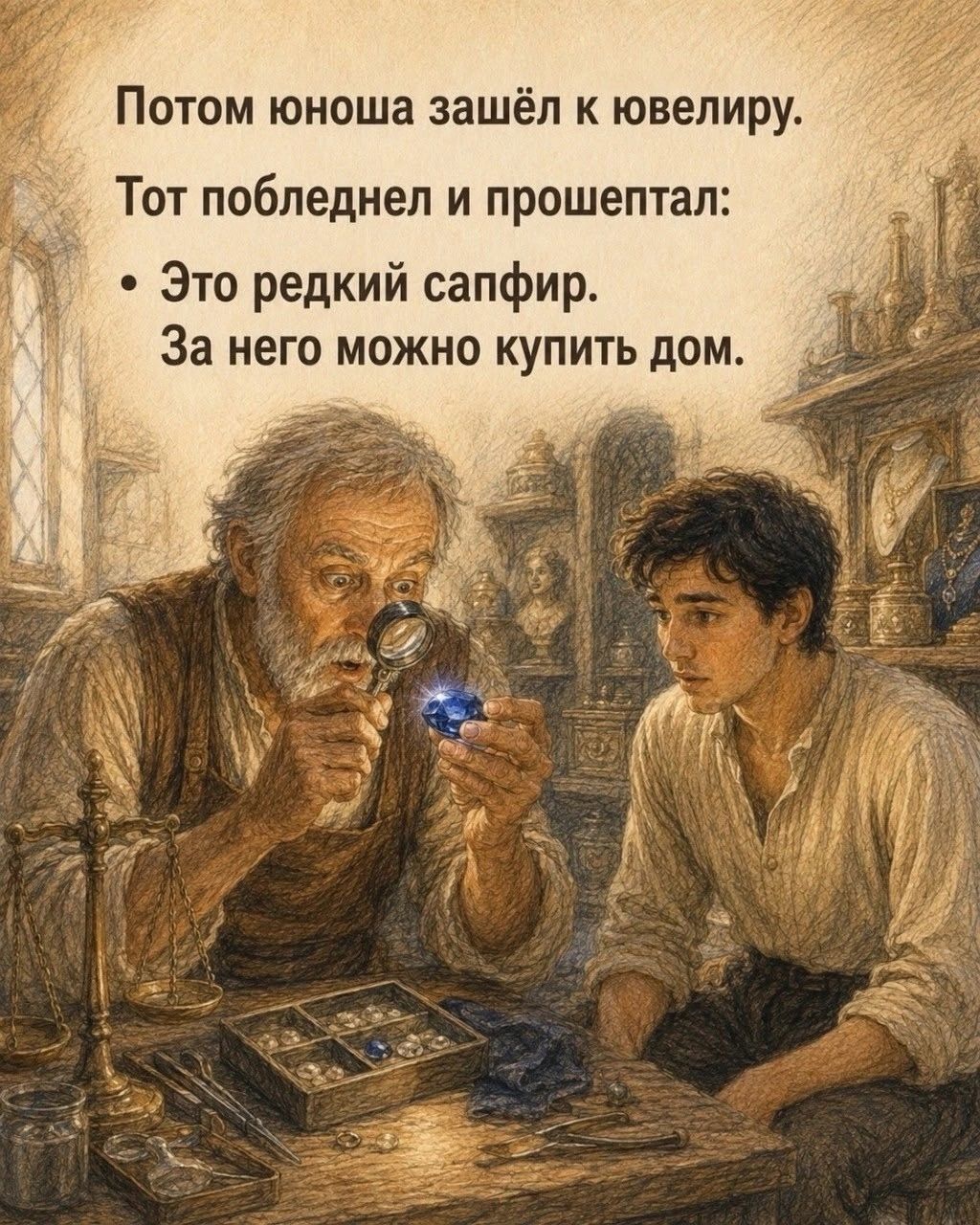 Потом юноша зашёл к ювелиру. Тот побледнел и прошептал: Это редкий сапфир. За него можно купить дом.