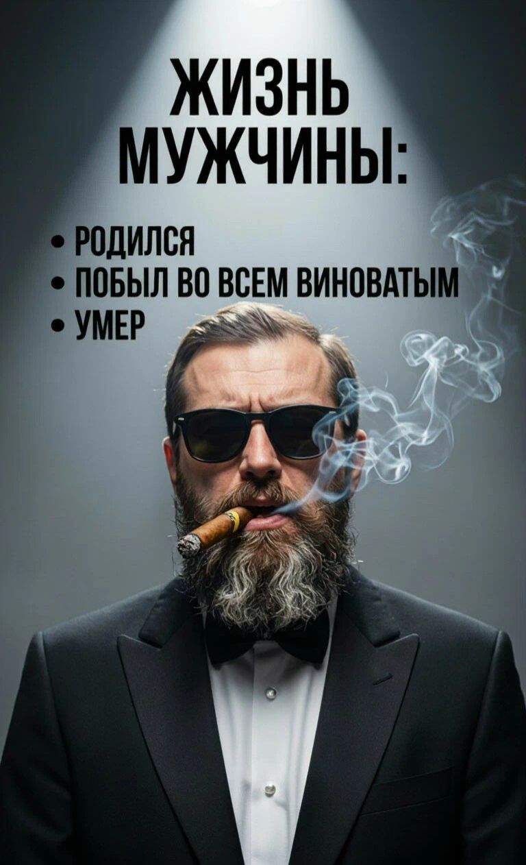 ЖИЗНЬ МУЖЧИНЫ: • РОДИЛСЯ • ПОБЫЛ ВО ВСЕМ ВИНОВАТЫМ • УМЕР