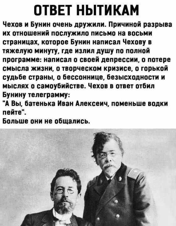 ОТВЕТ НЫТИКАМ
Чехов и Бунин очень дружили. Причиной разрыва их отношений послужило письмо на восьми страницах, которое Бунин написал Чехову в тяжелую минуту, где излил душу по полной программе: написал о своей депрессии, о потере смысла жизни, о творческом кризисе, о горькой судьбе страны, о бессоннице, безысходности и мыслях о самоубийстве. Чехов 