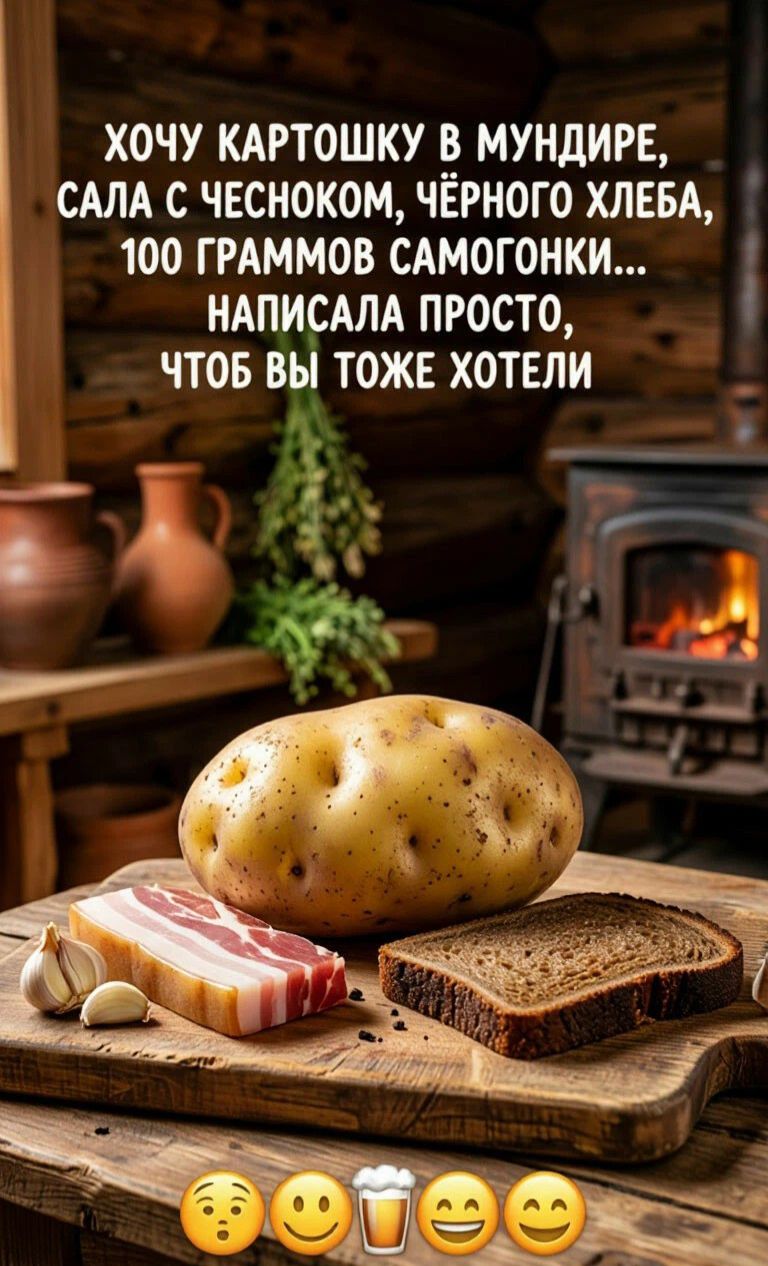 ХОЧУ КАРТОШКУ В МУНДИРЕ, САЛА С ЧЕСНОКОМ, ЧЁРНОГО ХЛЕБА, 100 ГРАММОВ САМОГОНКИ... НАПИСАЛА ПРОСТО, ЧТОБ ВЫ ТОЖЕ ХОТЕЛИ