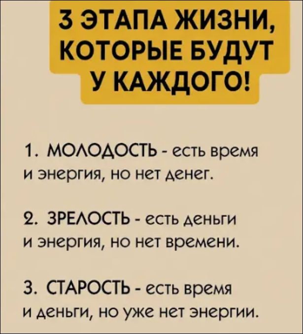 3 этапа жизни, которые будут у каждого! 1. Молодость - есть время и энергия, но нет денег. 2. Зрелость - есть деньги и энергия, но нет времени. 3. Старость - есть время и деньги, но уже нет энергии.
