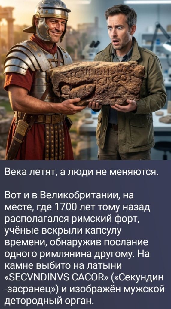 Века летят, а люди не меняются. Вот и в Великобритании, на месте, где 1700 лет тому назад располагался римский форт, учёные вскрыли капсулу времени, обнаружив послание одного римлянина другому. На камне выбито на латыни «SECVNDINVS CACOR» («Секундин -засранец») и изображён мужской детородный орган.