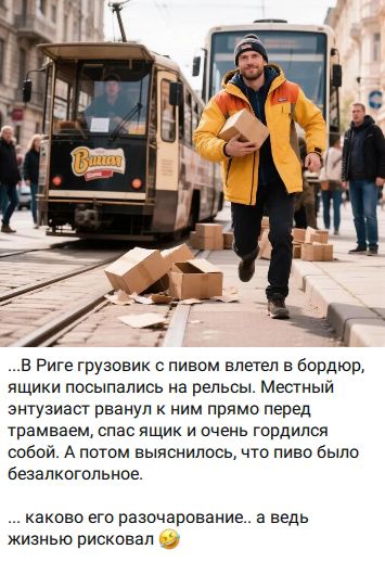 В Риге грузовик с пивом влетел в бордюр, ящики посыпались на рельсы. Местный энтузиаст рванул к ним прямо перед трамваем, спас ящик и очень гордился собой. А потом выяснилось, что пиво было безалкогольное. каково его разочарование.. а ведь жизнью рисковал 🤣 Brivais