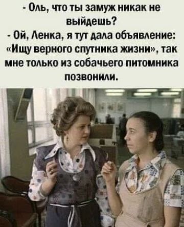 Оль, что ты замуж никак не выйдешь? Ой, Ленка, я тут дала объявление: «Ищу верного спутника жизни», так мне только из собачьего питомника позвонили.