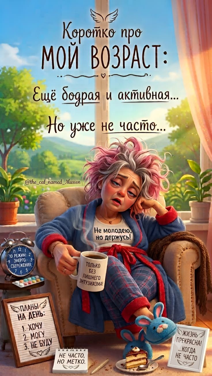 Коротко про МОЙ ВОЗРАСТ: Ещё бодрая и активная... Но уже не часто... Не молодею, но держусь! Только без лишнего энтузиазма! 10 РЕЖИМ: 2 ЭНЕРГИЯ: 3 СБЕРЕЖЕНИЯ: 5. ПЛАНЫ НА ДЕНЬ: 1. ХОЧУ 2. МОГУ 3. НЕ БУДУ. НЕ ЧАСТО, НО МЕТКО. ЖИЗНЬ ПРЕКРАСНА! ...КОГДА НЕ ЧАСТО. @the_cat_named_Musien
