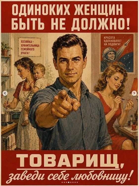 ОДИНОКИХ ЖЕНЩИН БЫТЬ НЕ ДОЛЖНО! ХОЗЯЙКА - ХРАНИТЕЛЬНИЦА СЕМЕЙНОГО ОЧАГА! КРАСОТА ВДОХНОВЛЯЕТ НА ПОДВИГИ! ТОВАРИЩ, заведи себе любовницу!