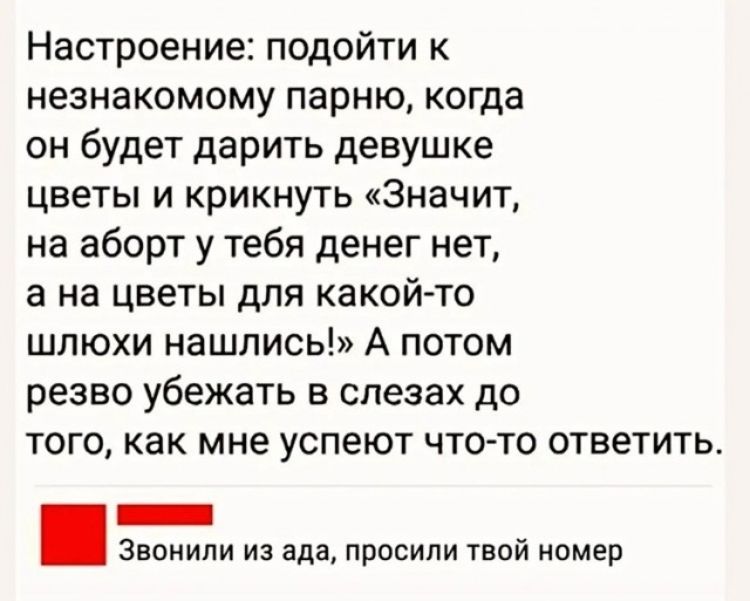 Настроение: подойти к незнакомому парню, когда он будет дарить девушке цветы и крикнуть «Значит, на аборт у тебя денег нет, а на цветы для какой-то шлюхи нашлись!» А потом резко убежать в слезах до того, как мне успеют что-то ответить. Звонили из ада, просили твой номер