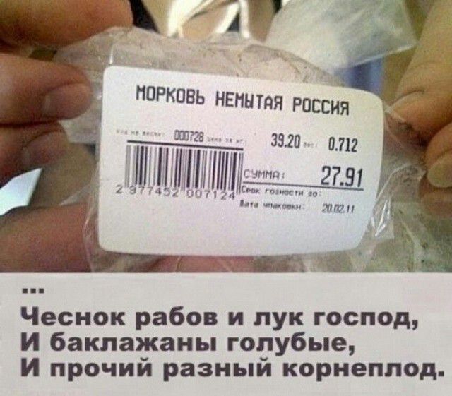 МОРКОВЬ НЕМЫТАЯ РОССИЯ ... Чеснок рабов и лук господ, И баклажаны голубые, И прочий разный корнеплод.