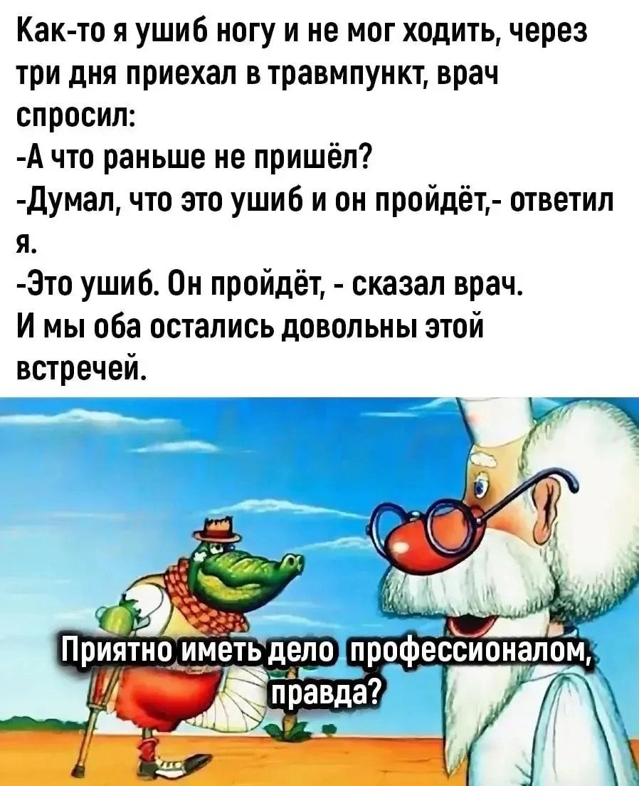 Как-то я ушиб ногу и не мог ходить, через три дня приехал в травмпункт, врач спросил: -А что раньше не пришёл? -Думал, что это ушиб и он пройдёт,- ответил я. -Это ушиб. Он пройдёт, - сказал врач. И мы оба остались довольны этой встречей. Приятно иметь дело профессионалом, правда?
