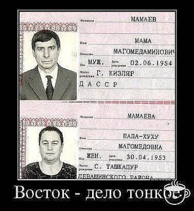 МАМАЕВ МАМА МАГОМЕДАМИНОВИЧ МУЖ. 02.06.1954 Г. КИЗЛЯР ДАССР МАМАЕВА ПАПА-ХУХУ МАГОМЕДОВНА ЖЕН. 30.04.1953 С. ТАШКАПУР ЛЕВАШИНСКОГО РАЙОНА Восток - дело тонкое
