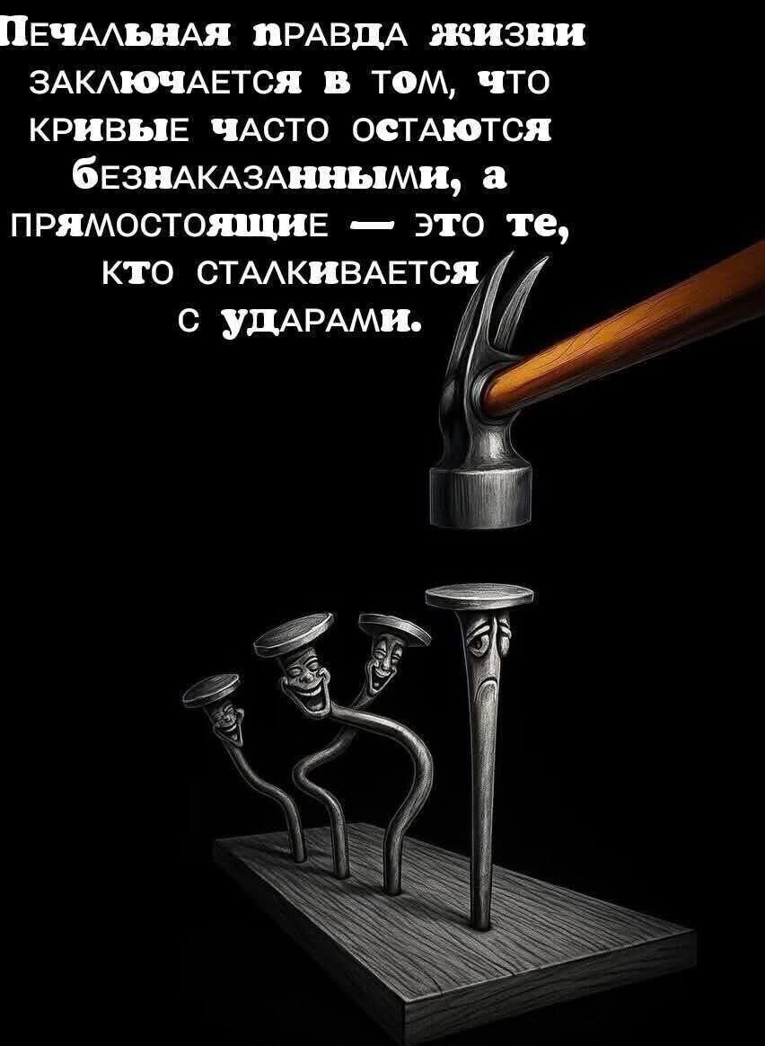 ПЕЧАЛЬНАЯ ПРАВДА ЖИЗНИ ЗАКЛЮЧАЕТСЯ В ТОМ, ЧТО КРИВЫЕ ЧАСТО ОСТАЮТСЯ БЕЗНАКАЗАННЫМИ, А ПРЯМОСТОЯЩИЕ — ЭТО ТЕ, КТО СТАЛКИВАЕТСЯ С УДАРАМИ.