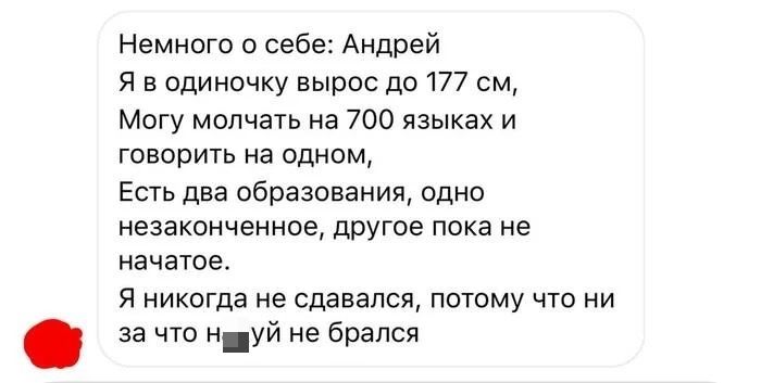 Немного о себе: Андрей Я в одиночку вырос до 177 см, Могу молчать на 700 языках и говорить на одном, Есть два образования, одно незаконченное, другое пока не начатое. Я никогда не сдавался, потому что ни за что н**уй не брался