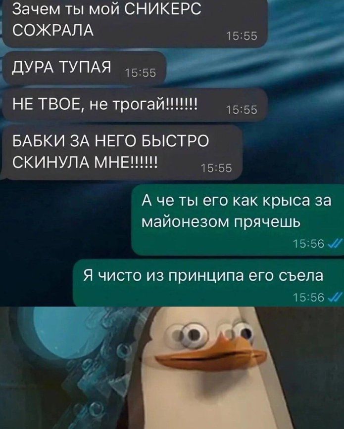 Зачем ты мой СНИКЕРС СОЖРАЛА ДУРА ТУПАЯ НЕ ТВОЕ, не трогай!!!!!! БАБКИ ЗА НЕГО БЫСТРО СКИНУЛА МНЕ!!!!!! А че ты его как крыса за майонезом прячешь Я чисто из принципа его съела