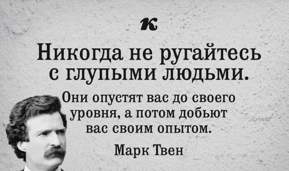 К Никогда не ругайтесь с глупыми людьми. Они опустят вас до своего уровня, а потом добьют вас своим опытом. Марк Твен