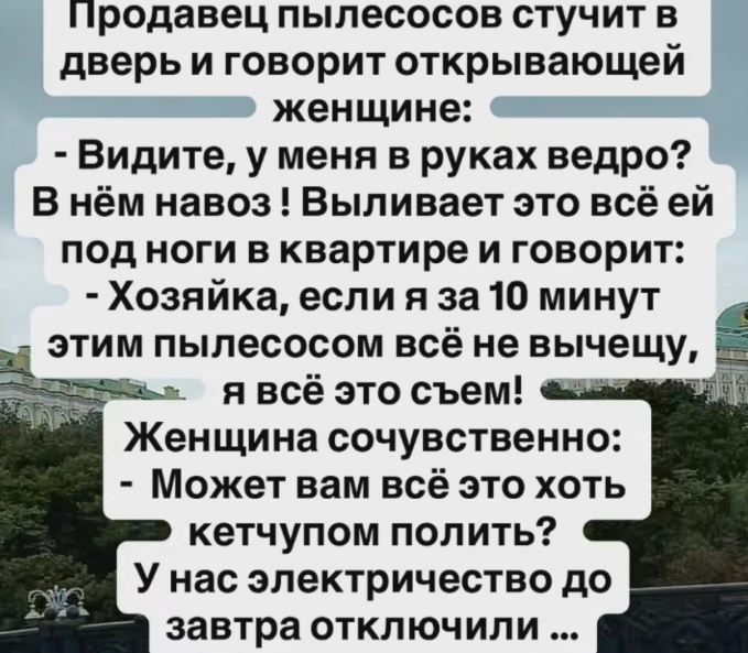 Продавец пылесосов стучит в дверь и говорит открывающей женщине:
- Видите, у меня в руках ведро? В нём навоз! Выливает это всё ей под ноги в квартире и говорит:
- Хозяйка, если я за 10 минут этим пылесосом всё не вычищу, я всё это съем!
Женщина сочувственно:
- Может вам всё это хоть кетчупом полить? У нас электричество до завтра отключили ...