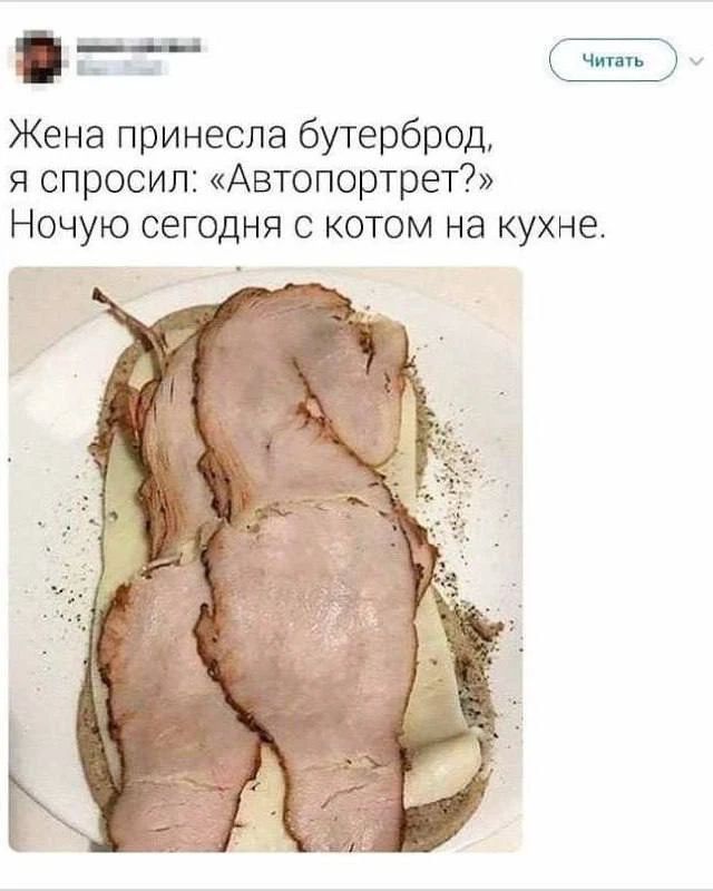Жена принесла бутерброд, я спросил: «Автопортрет?» Ночую сегодня с котом на кухне.