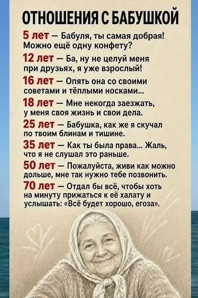 ОТНОШЕНИЯ С БАБУШКОЙ
5 лет — Бабуля, ты самая добрая! Можно ещё одну конфету?
12 лет — Ба, ну не целуй меня при друзьях, я уже взрослый!
16 лет — Опять она со своими советами и тёплыми носками...
18 лет — Мне некогда заезжать, у меня своя жизнь и свои дела.
25 лет — Бабушка, как же я скучал по твоим блинам и тишине.
35 лет — Как ты была права... Жа