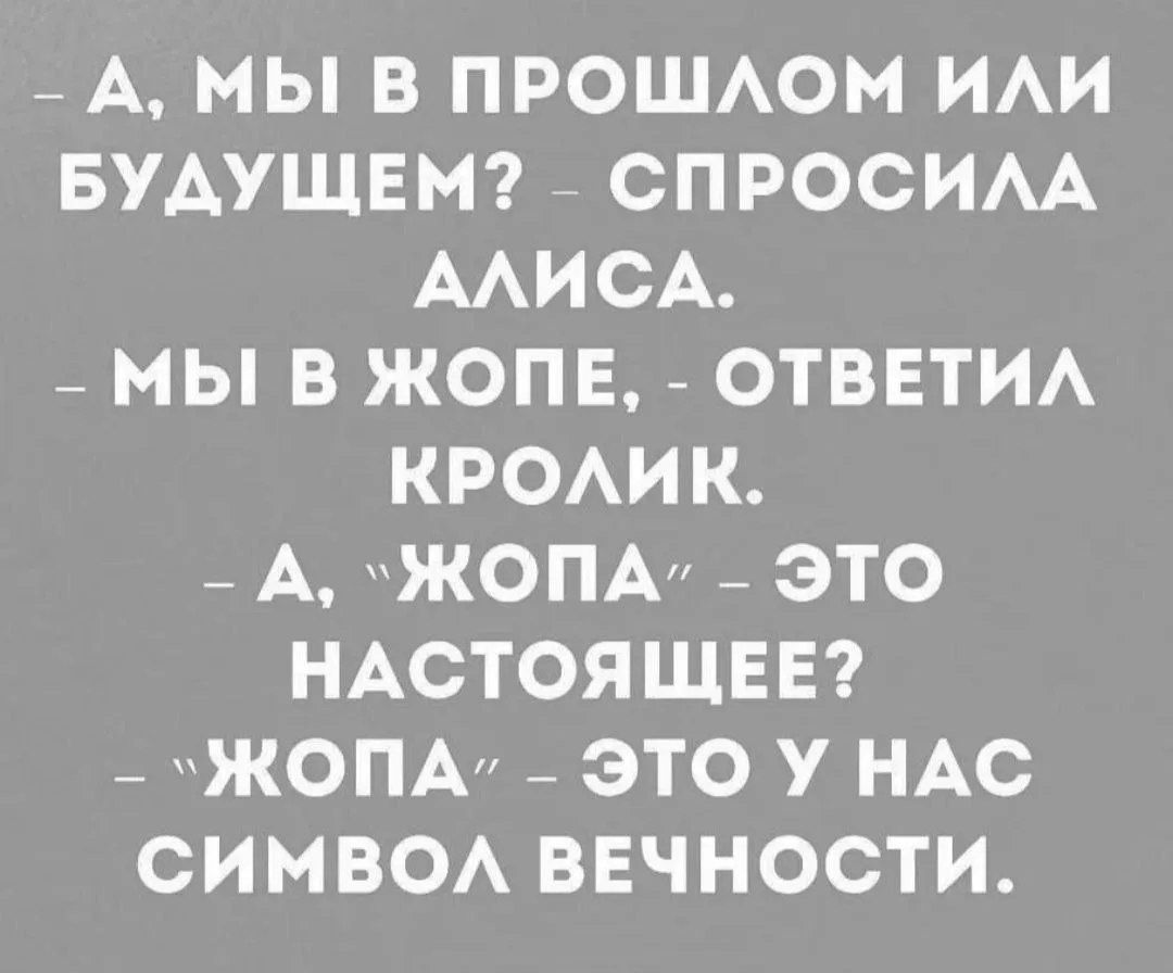 А, мы в прошлом или будущем? - спросила Алиса. - Мы в жопе, - ответил Кролик. - А, 