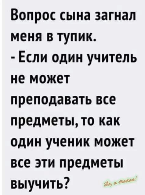 Вопрос сына загнал меня в тупик. - Если один учитель не может преподавать все предметы, то как один ученик может все эти предметы выучить?