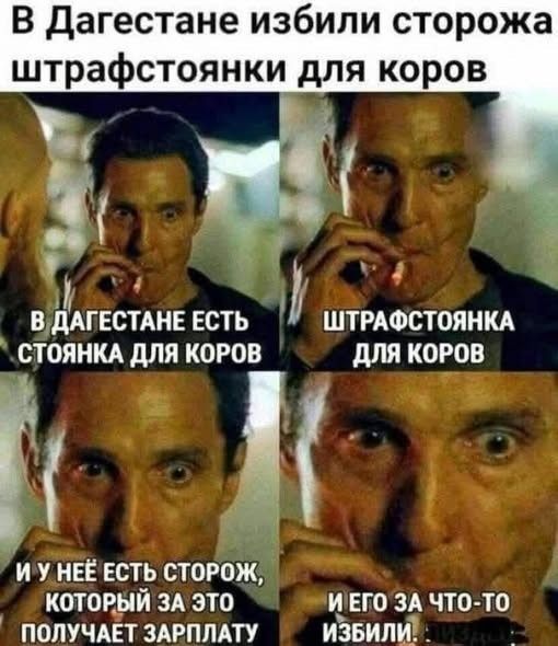 В Дагестане избили сторожа штрафстоянки для коров. В Дагестане есть стоянка для коров. Штрафстоянка для коров. И у неё есть сторож, который за это получает зарплату. И его за что-то избили.