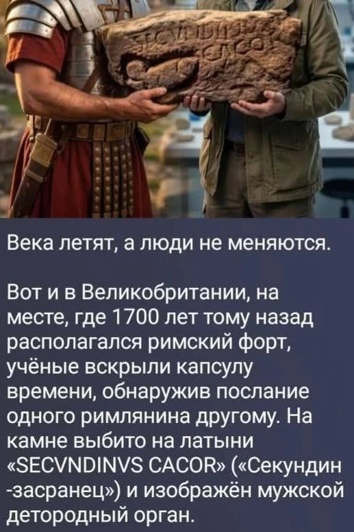 Века летят, а люди не меняются. Вот и в Великобритании, на месте, где 1700 лет тому назад располагался римский форт, учёные вскрыли капсулу времени, обнаружив послание одного римлянина другому. На камне выбито на латыни «SECVNDINVS CACOR» («Секундин -засранец») и изображён мужской детородный орган.