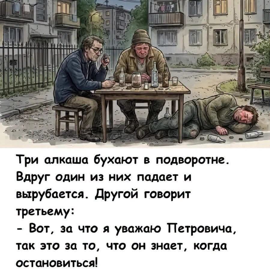 Три алкаша бухают в подворотне. Вдруг один из них падает и вырубается. Другой говорит третьему: – Вот, за что я уважаю Петровича, так это за то, что он знает, когда остановиться!