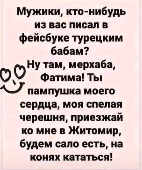 Мужики, кто-нибудь из вас писал в фейсбуке турецким бабам? Ну там, мерхаба, Фатима! Ты пампушка моего сердца, моя спелая черешня, приезжай ко мне в Житомир, будем сало есть, на конях кататься!