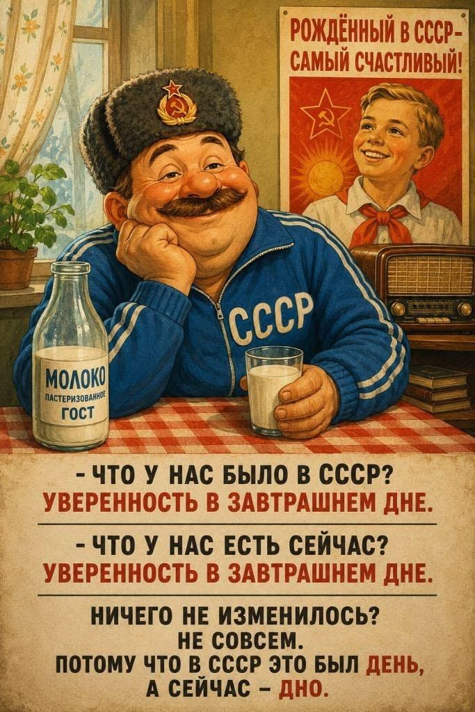 РОЖДЁННЫЙ В СССР - САМЫЙ СЧАСТЛИВЫЙ! МОЛОКО ПАСТЕРИЗОВАННОЕ ГОСТ СССР - ЧТО У НАС БЫЛО В СССР? УВЕРЕННОСТЬ В ЗАВТРАШНЕМ ДНЕ. - ЧТО У НАС ЕСТЬ СЕЙЧАС? УВЕРЕННОСТЬ В ЗАВТРАШНЕМ ДНЕ. НИЧЕГО НЕ ИЗМЕНИЛОСЬ? НЕ СОВСЕМ. ПОТОМУ ЧТО В СССР ЭТО БЫЛ ДЕНЬ, А СЕЙЧАС - ДНО.