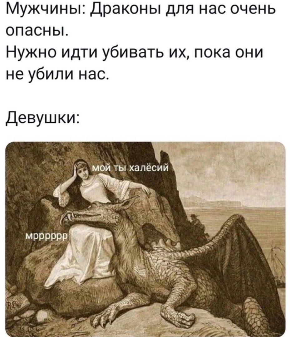 Мужчины: Драконы для нас очень опасны. Нужно идти убивать их, пока они не убили нас. Девушки: мой ты халёсий мрррррр