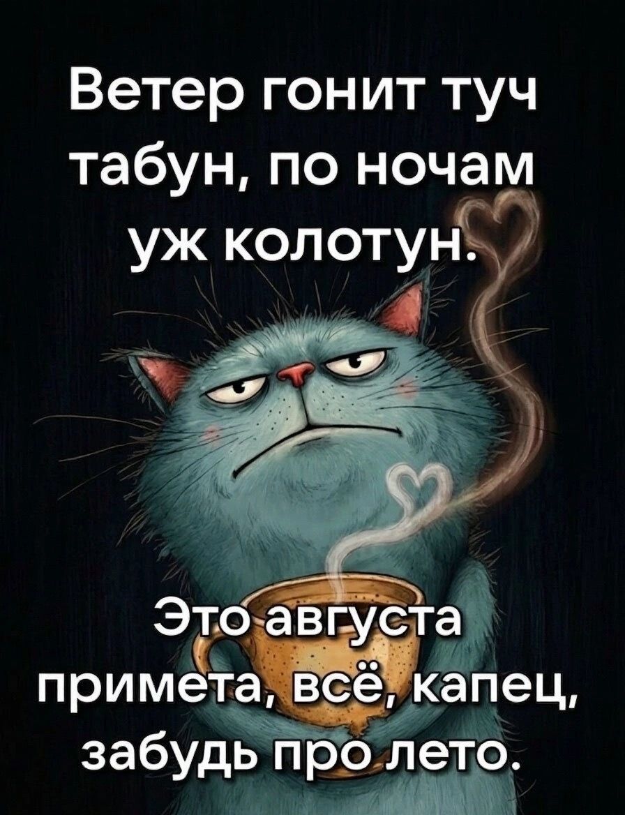 Ветер гонит туч табун, по ночам уж колотун. Это августа примета, всё, капец, забудь про лето.