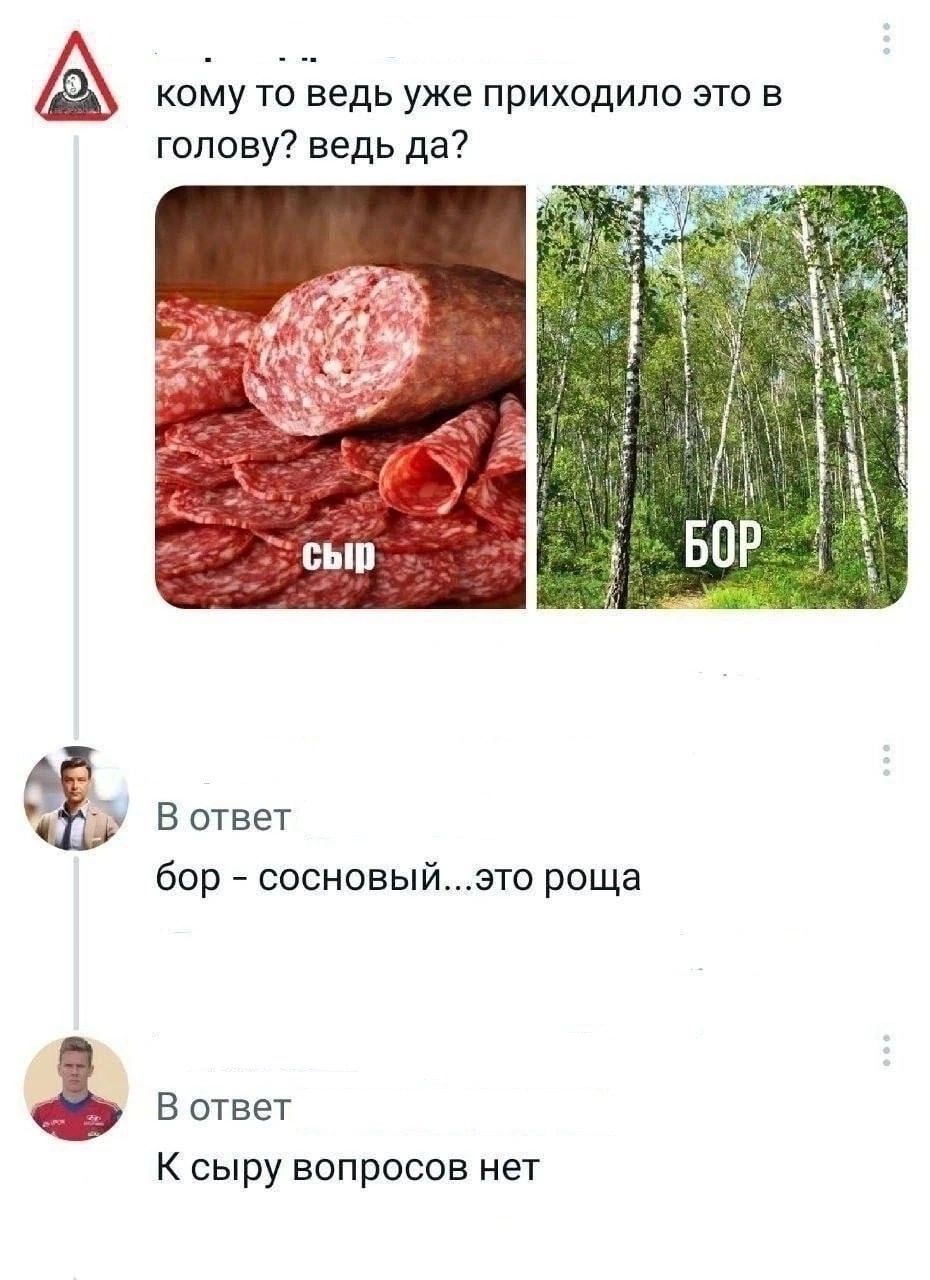 кому то ведь уже приходило это в голову? ведь да? Сыр Бор В ответ бор - сосновый...это роща В ответ К сыру вопросов нет
