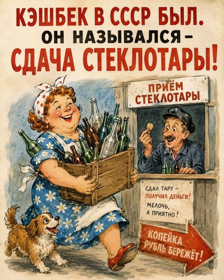 КЭШБЕК В СССР БЫЛ. ОН НАЗЫВАЛСЯ – СДАЧА СТЕКЛОТАРЫ! ПРИЁМ СТЕКЛОТАРЫ СДАЛ ТАРУ – ПОЛУЧИЛ ДЕНЬГИ! МЕЛОЧЬ, А ПРИЯТНО! КОПЕЙКА РУБЛЬ БЕРЕЖЁТ!