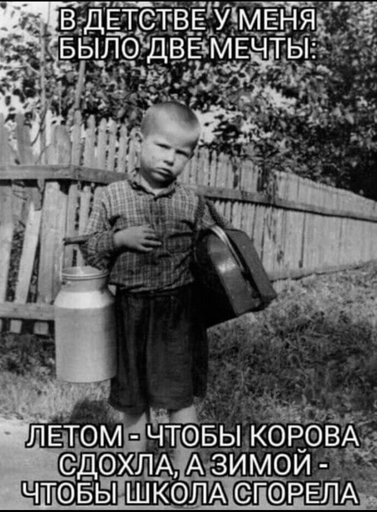В детстве у меня было две мечты: Летом - чтобы корова сдохла, а зимой - чтобы школа сгорела