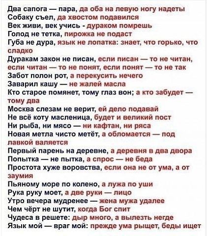 Два сапога — пара, да оба на левую ногу надеты
Собаку съел, да хвостом подавился
Век живи, век учись - дураком помрешь
Голод не тетка, пирожка не подаст
Губа не дура, язык не лопатка: знает, что горько, что сладко
Дуракам закон не писан, если писан — то не читан, если читан — то не понят, если понят — то не так
Забот полон рот, а перекусить нечего
