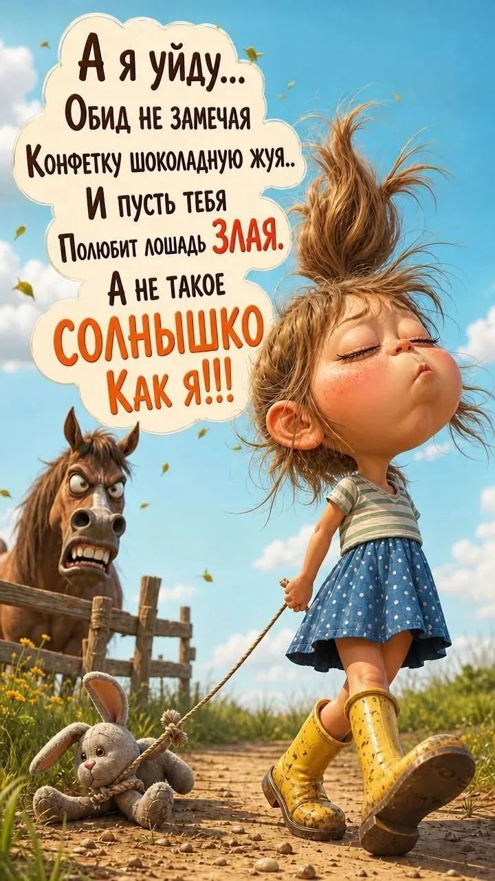 А я уйду... Обид не замечая Конфетку шоколадную жуя.. И пусть тебя Полюбит лошадь ЗЛАЯ. А не такое СОЛНЫШКО Как я!!!