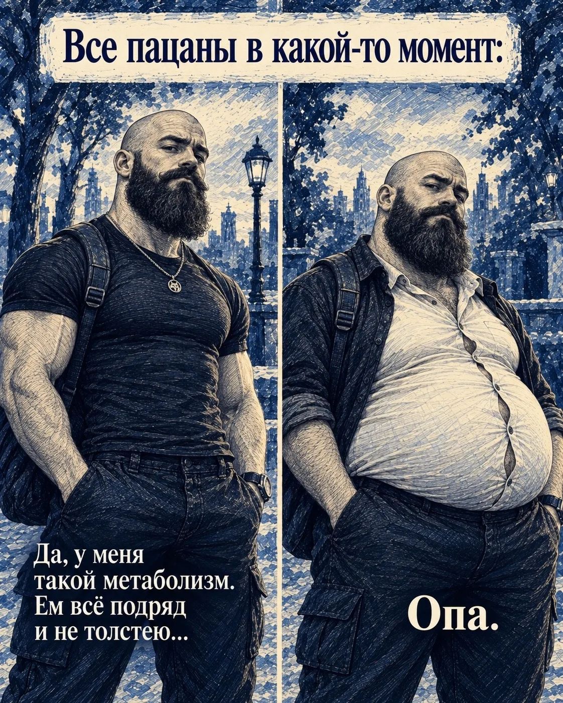 Все пацаны в какой-то момент: Да, у меня такой метаболизм. Ем всё подряд и не толстею... Опа.