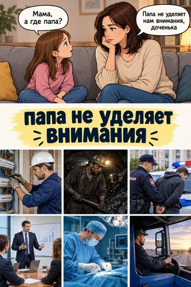 Мама, а где папа? Папа не уделяет нам внимания, доченька. папа не уделяет внимания. Электрик работает с проводами, шахтер добывает уголь в шахте, полицейский задерживает человека, бизнесмен проводит презентацию, хирург оперирует пациента, дальнобойщик ведет грузовик по дороге.