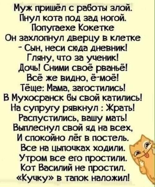 Муж пришёл с работы злой.
Пнул кота под зад ногой.
Попугаехе Кокетке
Он захлопнул дверцу в клетке
- Сын, неси сюда дневник!
Гляну, что за ученик!
Дочь! Сними своё рваньё!
Всё же видно, ё-моё!
Тёще: Мама, загостились!
В Мухосранск бы свой катились!
На супругу рявкнул : Жрать!
Распустились, вашу мать!
Выплеснул свой яд на всех,
И спокойно лёг в посте