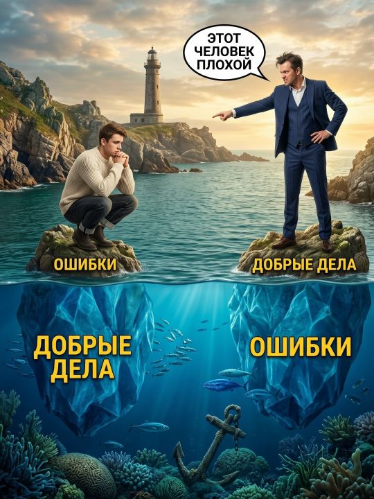Этот человек плохой. Ошибки. Добрые дела. Добрые дела. Ошибки.