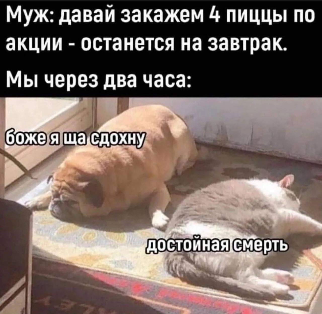 Муж: давай закажем 4 пиццы по акции - останется на завтрак. Мы через два часа: боже я ща сдохну достойная смерть