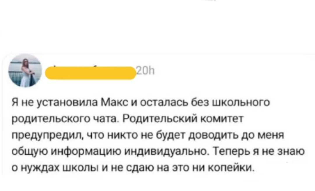 Я не установила Макс и осталась без школьного родительского чата. Родительский комитет предупредил, что никто не будет доводить до меня общую информацию индивидуально. Теперь я не знаю о нуждах школы и не сдаю на это ни копейки.