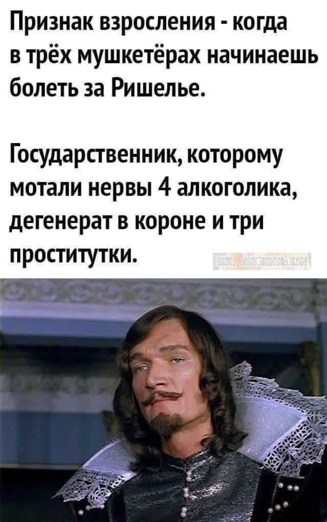 Признак взросления - когда в трёх мушкетёрах начинаешь болеть за Ришелье. Государственник, которому мотали нервы 4 алкоголика, дегенерат в короне и три проститутки. ПК, ДЕЗОМНИЯ!