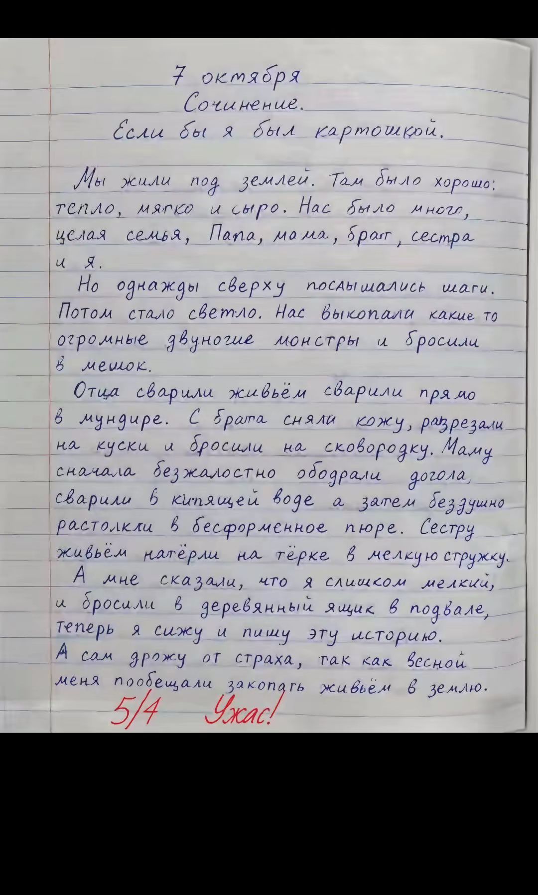 7 октября
Сочинение.
Если бы я был картошкой.

Мы жили под землей. Там было хорошо: тепло, мягко и сыро. Нас было много, целая семья, Папа, мама, брат, сестра и я.
Но однажды сверху послышались шаги. Потом стало светло. Нас выкопали какие-то огромные двуногие монстры и бросили в мешок.
Отца сварили живьём прямо в мундире. С брата сняли кожу, разрез
